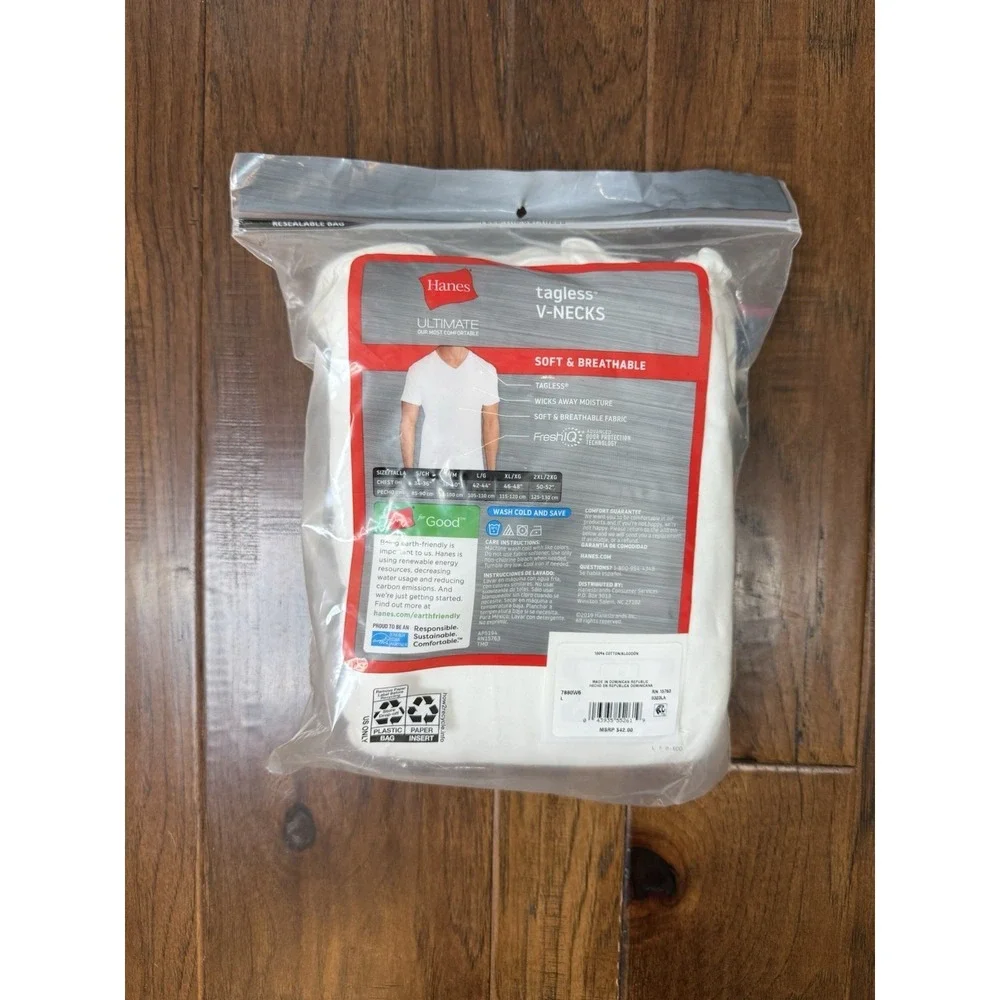 Hanes V Neck White Shirts L 100% Cotton Tagless Ultimate Wicking Odor 6 Pack NEW